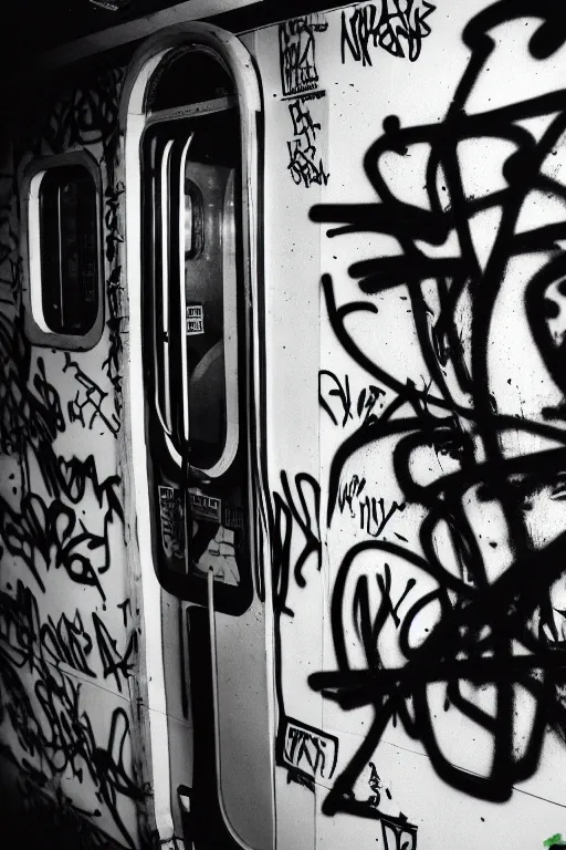 Prompt: subway cabin inside all in graffiti, man in stussy jacket closeup writing graffiti, night, film photography, exposed b & w photography, christopher morris photography