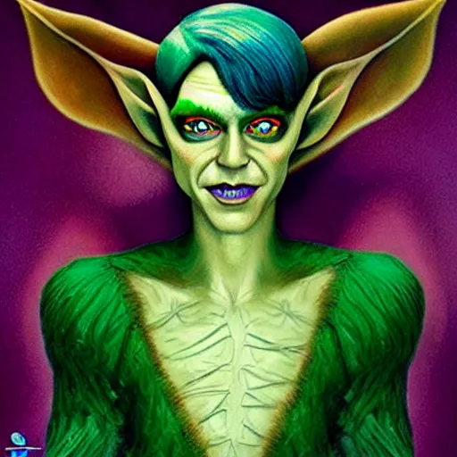 Image similar to a frightening, beautiful elf with violet skin, a scarred face, a bob haircut, and bushy eyebrows, smirking, in the style of jason edmiston