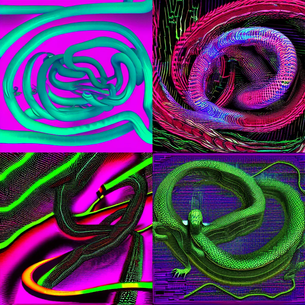 Prompt: digital basilisk serpent in a dark abyss , glitch art , chromatic aberration