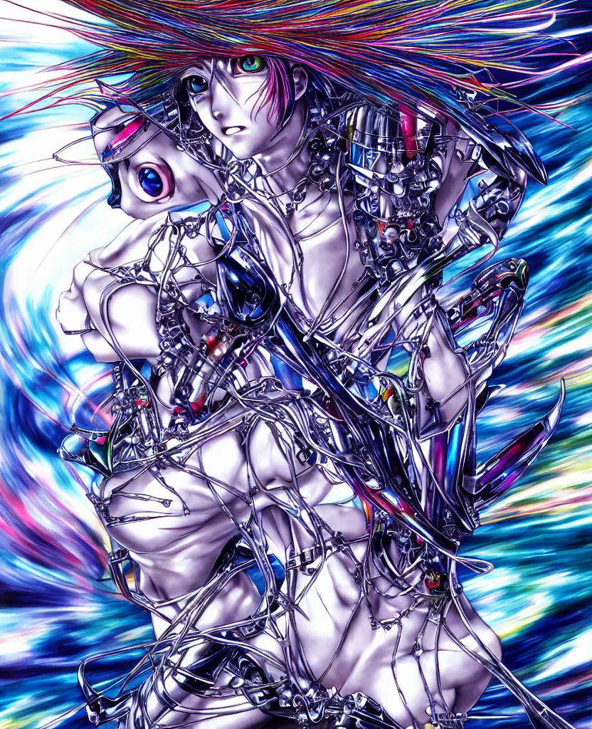 Prompt: realistic detailed image of ultra wrathful mega rainbow, female character, rei ayanami, symmetrical, depth perception, masterpiece, depth of field, action horror, gothic, vivid colors. art by yoshitaka amano, by yukito kishiro, by yoshiyuki sadamoto