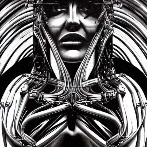 Image similar to britney spears encased in biomechanical machine, heavy conduits, complex scene, rich composition, heavy in detail, corruption, smooth, sharp focus, airbrush, illustration, symmetrical, portrait, art by h. r. giger