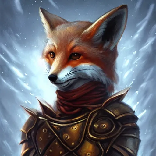 Image similar to cute anthropomorphic Fox using Warrior Armor from D&D, ultra wide lens shot , tiny, small, short, cute and adorable, pretty, beautiful, DnD character art portrait, matte fantasy painting, DeviantArt Artstation, by Jason Felix by Steve Argyle by Tyler Jacobson by Peter Mohrbacher, cinematic lighting