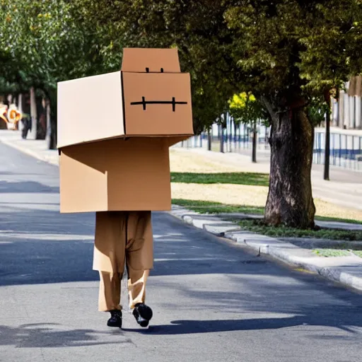 Image similar to cardboard box head guy walking in an empty street