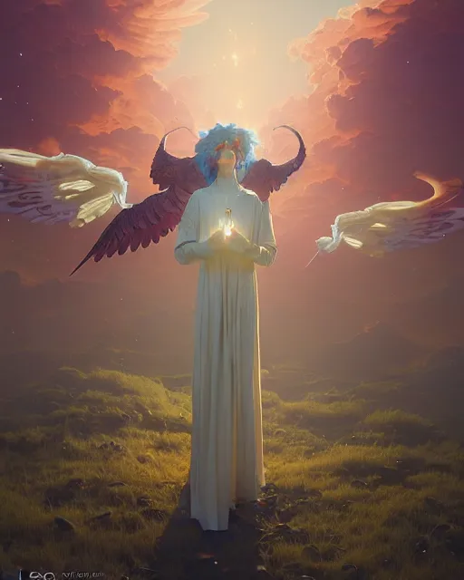 Image similar to highly detailed surreal vfx portrait of a decending seraphim upon the earth, stephen bliss, unreal engine, greg rutkowski, loish, rhads, beeple, makoto shinkai and lois van baarle, ilya kuvshinov, rossdraws, tom bagshaw, alphonse mucha, global illumination, detailed and intricate environment