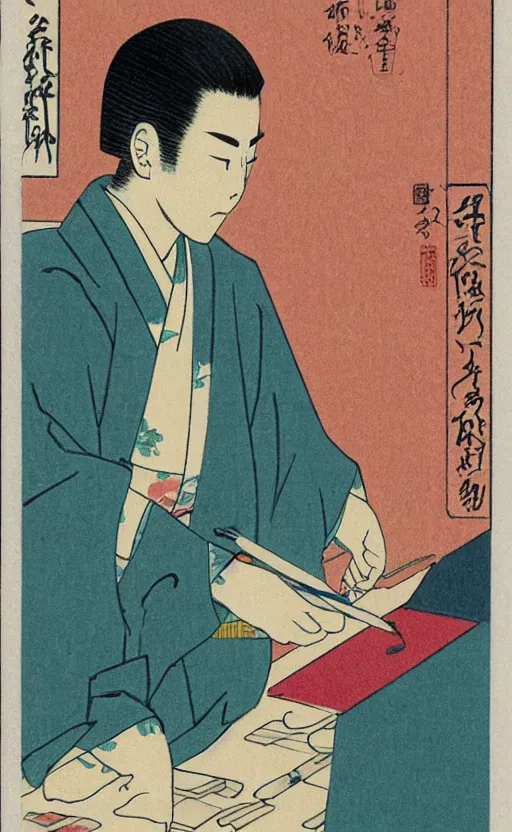 Prompt: by akio watanabe, manga art, alone male calligrapher inside modern japanese room, trading card front, realistic anatomy