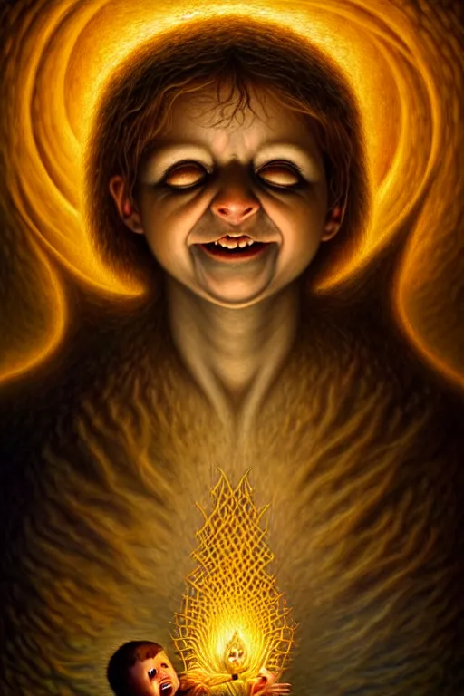 Image similar to The Intern, tarot card, by tomasz alen kopera and Justin Gerard, tiny child, eager smile, frightened eyes, teddy bear, symmetrical features, ominous, magical realism, texture, intricate, ornate, royally decorated, whirling yellow smoke, embers, radiant colors, fantasy, trending on artstation, volumetric lighting, micro details, 3d sculpture, ray tracing, 8k, anaglyph effect