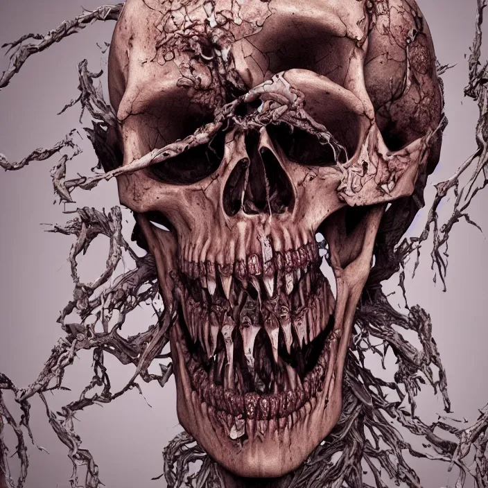 Image similar to portrait of a conjoined twins skull. razor sharp teeth. infected with zombie virus. intricate abstract. intricate artwork. nightmare fuel. by Tooth Wu, wlop, beeple, dan mumford. octane render, trending on artstation, greg rutkowski very coherent symmetrical artwork. cinematic, hyper realism, high detail, octane render, 8k, iridescent accents