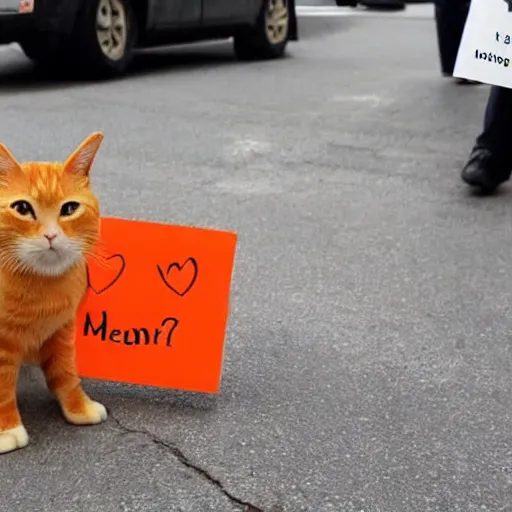 Image similar to cute orange tabby cat that holds a sign that says