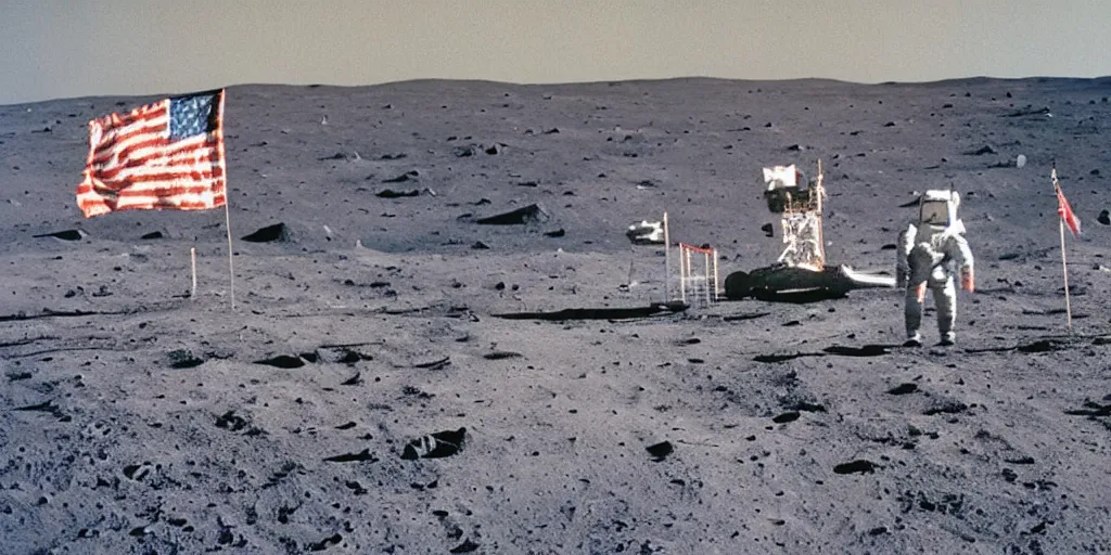 Prompt: colour photograph of the moon landing, astronauts with urss flag, spaceship, high resolution, very detailed