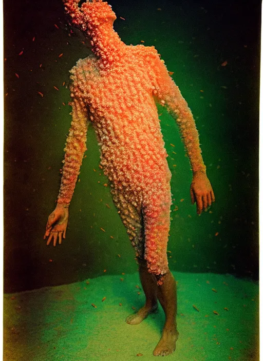 Prompt: realistic photo of a blurred face of a man, covered in shriveling dead coral reef, emitting aura, floating in the air with his arms stretched out, in a dark room with a spotlight shining on him 1 9 6 0, life magazine photo, natural colors, metropolitan museum, kodak, 8 k, very detailed, high resolution, product photo,