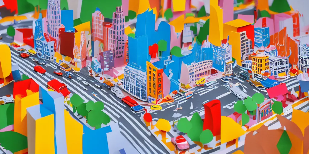 Image similar to paper craft diorama of a colorful city with people and cars