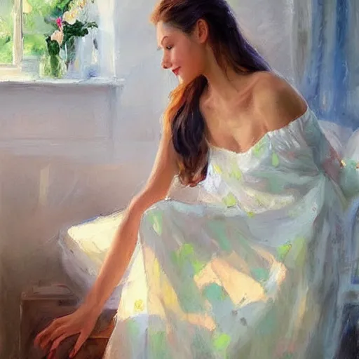 Image similar to woman in nightgown, painting by Vladimir Volegov