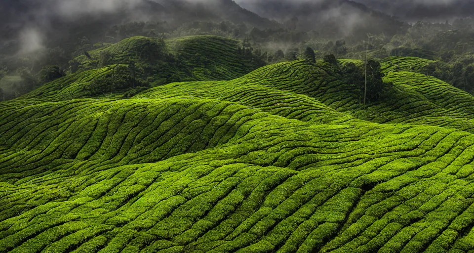 Prompt: Photo of tea plantation of Cameron Highlands with rolling mountain at the background, wide angle, volumetric light, fog, mist, morning, hyperdetailed, light water, artstation, cgsociety, 8k