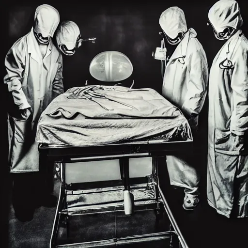 Image similar to an alien autopsy, realistic, vintage, grainy, old style photo, sepia, dark, medical lighting, masked doctors