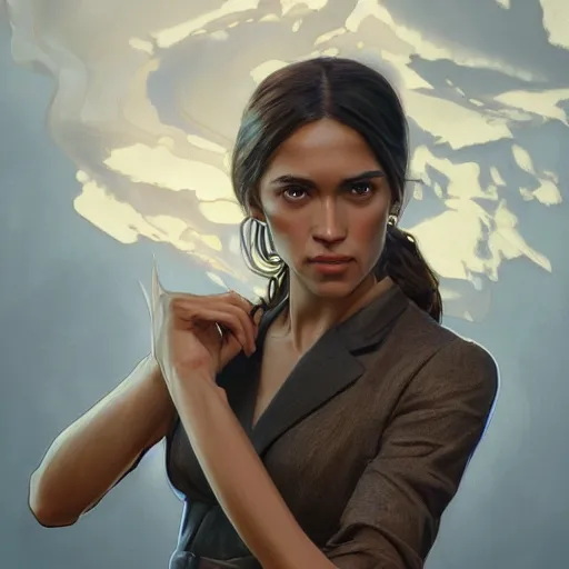 Image similar to ultra realistic illustration, alexandria ocasio - cortez politician, intricate, elegant, highly detailed, digital painting, artstation, concept art, smooth, sharp focus, illustration, art by artgerm and greg rutkowski and alphonse mucha