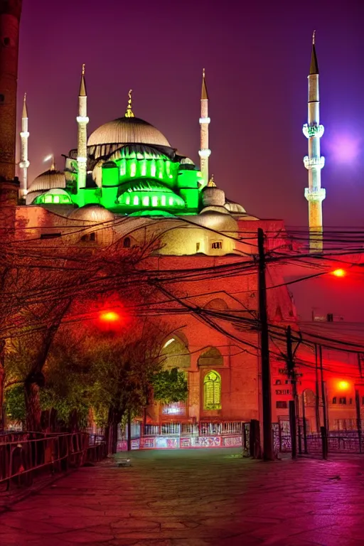 Image similar to neon streets of istanbul mosque, 4 k, award winning photo, cyberpunk style