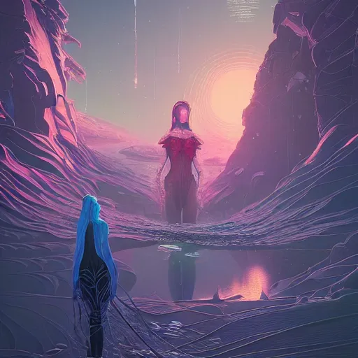 Image similar to a fantastic hyperdetailed 3 d matte painting of a female - cybernetic sorceress under the arctic moonlight, by moebius by beeple by vanessa lemen by paul lehr by dan mumford