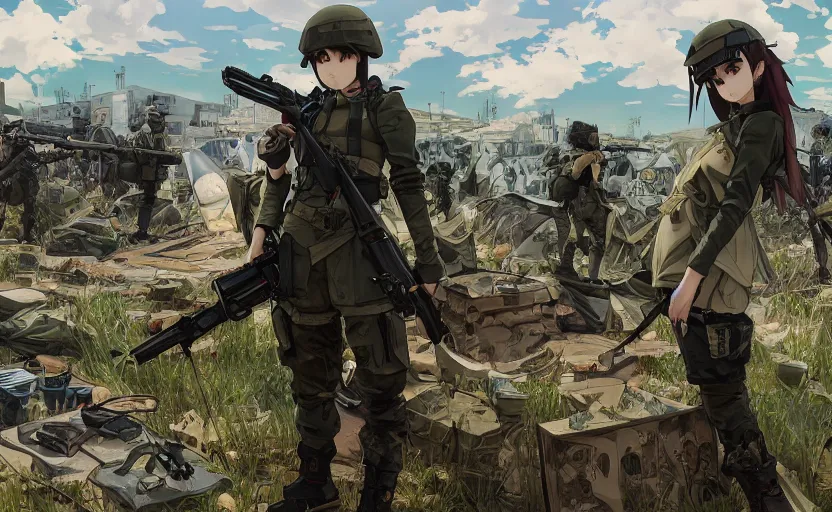 Image similar to anime style, modern warfare, panoramic view of girl under heavy fire, trench and sandbags in background, soldier clothing, hair down, symmetrical facial features, from arknights, wallpaper, trending pixiv, safebooru, volumetric modelling, think in 3 d, by alphonse mucha, greg rutkowski, sharp focus, backlit