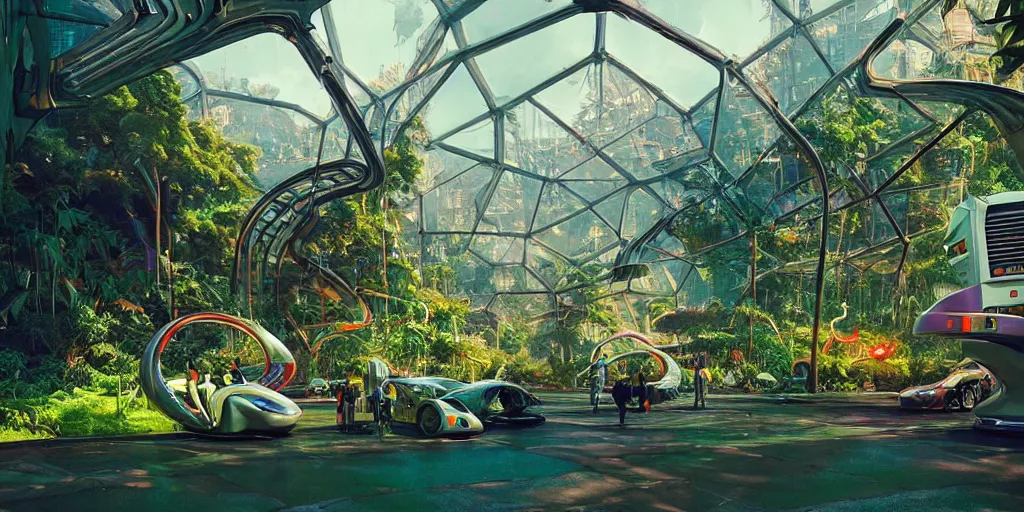 Image similar to 80s futuristic outdoor retro arcade, desolate, lush vegetation:: by beeple and James Gilleard and Justin Gerard :: ornate, dynamic, particulate, intricate, elegant, highly detailed, centered, artstation, smooth, sharp focus, octane render, 3d