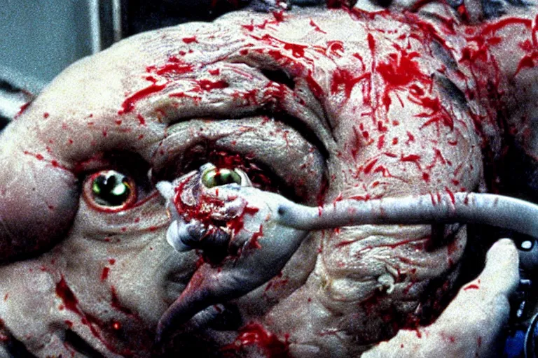 Image similar to filmic extreme wide shot dutch angle movie still 35mm film color photograph of a doctor getting his both his eyeballs pulled out by dangerous alien worms coming from off camera, blood splattering, in the style of The Thing 1982 horror film