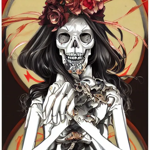 Image similar to anime manga skull portrait young woman skeleton, horse, painterly, logo, graffiti, elegant, highly detailed, digital art, art by jc leyendecker and sachin teng