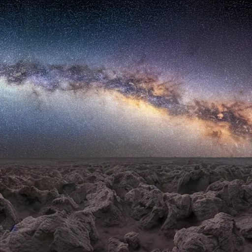 Image similar to Milky Way as seen in the night sky from stalagmite covered rock surface of an alien planet located in a different part of the galaxy, NASA true color 8k image, high detail