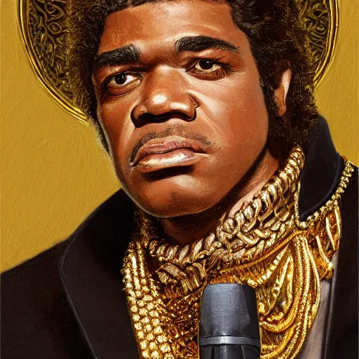 Image similar to highly detailed portrait of James Brown big wearing a gold crown and gold chains and holding a microphone, realistic portrait, symmetrical, highly detailed, digital painting, artstation, concept art, smooth, sharp focus, illustration, cinematic lighting, art by artgerm and greg rutkowski and alphonse mucha