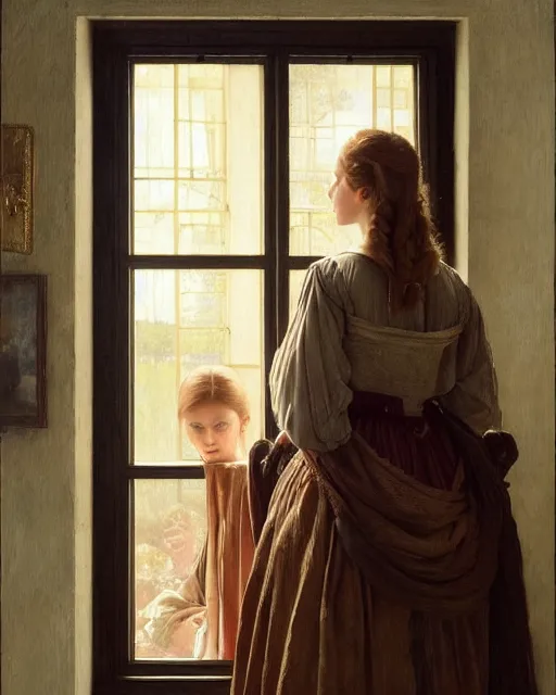 Image similar to a window - lit realistic portrait painting of a thoughtful girl resembling a young, shy, redheaded alicia vikander or millie bobby brown wearing peasant clothes by an open window, highly detailed, intricate, concept art, artstation, by donato giancola, vermeer, and william bouguereau