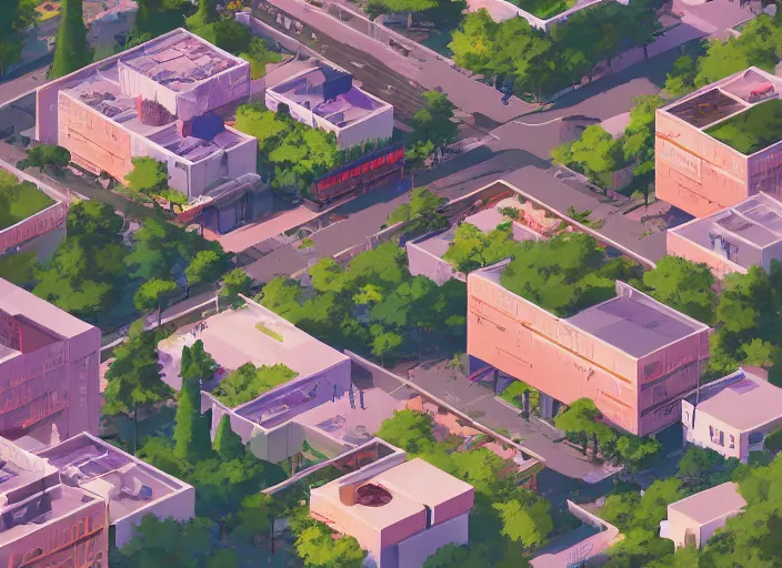 Prompt: digital illustration of walkable suburb with renewable energy, rooftop gardens and beautiful manicured landscaping by makoto shinkai, ilya kuvshinov, lois van baarle, rossdraws, basquiat trending on artstation | warm color scheme