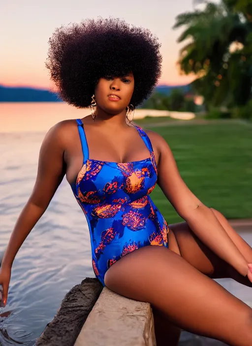 Image similar to a plump afro girl on the edge of the pool in a galographic swimsuit, a swimsuit with a lock on the chest, afro pigtails hairstyle, sunset mood, vogue style,, golden ratio, perfect composition, medium close - up ( mcu ), cannon ef 6 5 mm f / 2. 8 8 k