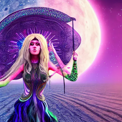 Prompt: psychadelic moon witch with a witch hat, hyper detailed, flowing psychadelic background intricate and detailed, 8 k, octane render