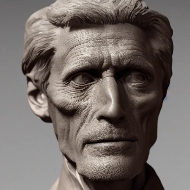 Image similar to photography of a bust of old Wiliam Dafoe made of clay by Sebastian Kruger and Michelangelo, 50mm, studio atmosphere, 8K, rim light, octane render, ultra-realistic