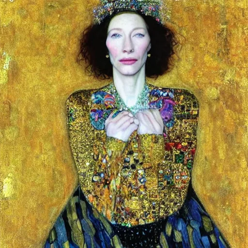 Prompt: “portrait of Cate Blanchett, by Gustav Klimt, by Del Kathryn Barton, hyper detailed, 4K, very beautiful”