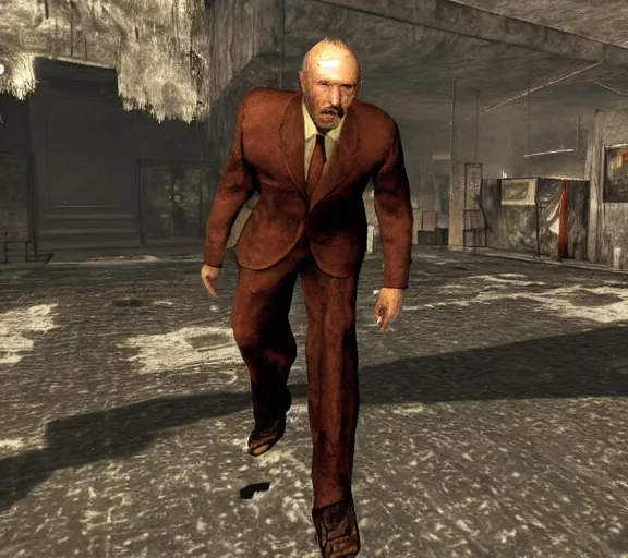 Prompt: Janusz Korwin-Mikke in the centre of a screenshot from the game Fallout: New Vegas (2010)
