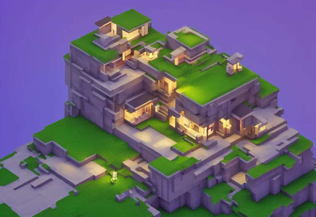 Image similar to isometric house on a mountain top magicavoxel cinematic lighting, 4k