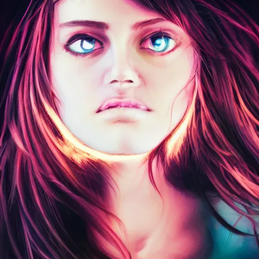 Image similar to realistic fantasy portrait of sad girl brown hair in neon light, big city