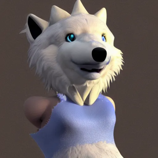 Image similar to 3 d render, well toned, large and tall, female, anthropomorphic wolf with a short snout, blue scales with white spots, no fur, icey blue dress, scales covering her chest.