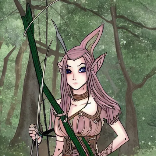 Prompt: female elven archer in forest, manga line art style