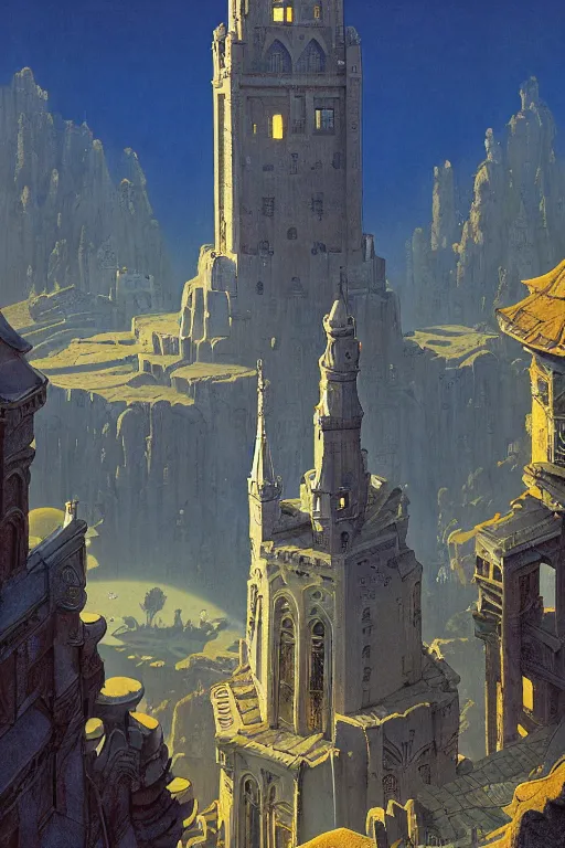 Prompt: ancient silver tower of the moon, distance view, fairytale illustration, elaborate carved latticed balconies, tall windows, moorish architecture, formal gardens, dramatic cinematic lighting, soft colors, golden age illustrator, unreal engine, by Andreas Rocha and Ludwig Deutsch and (Maxfield Parrish and Nicholas Roerich)