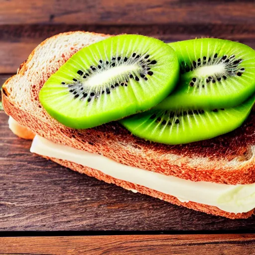 Prompt: a photo of a sandwich of kiwi, professional, studio, 4 k