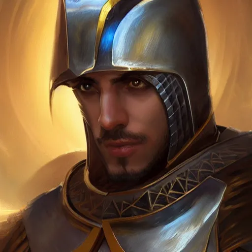 Image similar to male egyptian knight, D&D, painted fantasy character portrait, highly detailed, digital painting, artstation, concept art, sharp focus, illustration, art by artgerm and greg rutkowski and alphonse mucha