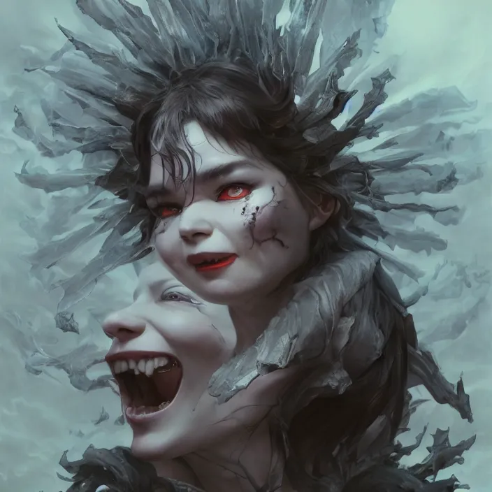 Prompt: demonic bjork, ominous, smiling, phantasmagoric, by tom bagshaw and ilya kuvshinov, rtx rendering, octane render 1 2 8 k, maya, extreme high intricate details by wlop, digital anime art by ross tran, medium shot, composition by sana takeda, dramatic lighting by greg rutkowski