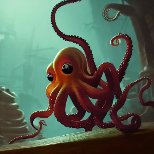 Prompt: portrait of octopus sly cunning, pixar style animation 3d extremely gloomy lighting, atmospheric, cinematic, detailed illustration unreal Engine, 8K