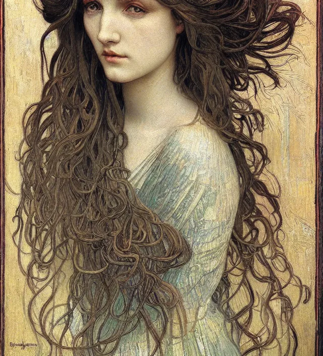 Image similar to detailed realistic beautiful young medieval queen face portrait by jean delville, alphonse mucha, vincent van gogh, and marco mazzoni, art nouveau, symbolist, visionary, gothic, pre - raphaelite