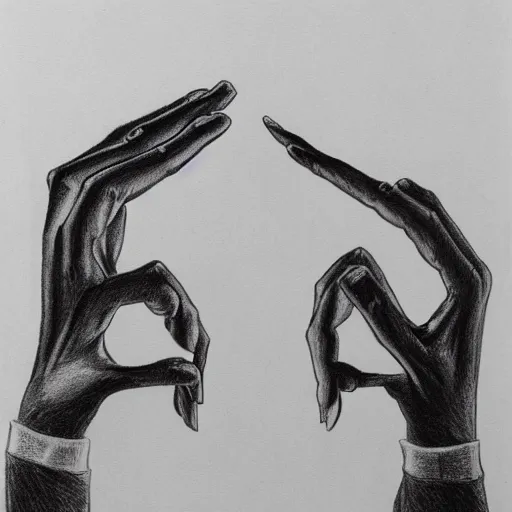 Prompt: M.C. Escher two hands drawing each other, black and white pencil sketch of real hands drawing themselves