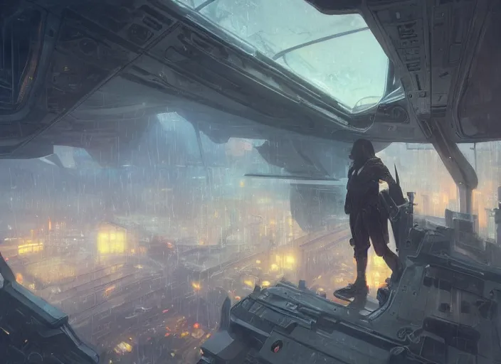 Image similar to view through window, giant spaceship, city is pure wasteland, rain, dusk, low saturation, glowing lights, alphonse mucha, greg rutkowski, trending on artstation, artgerm, breathtaking, sharp focus, smooth, mark arian, award winning, highly detailed 4 k art