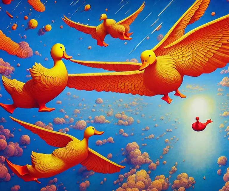 Image similar to hyper detailed 3d render like a Oil painting - a cartoon duck soaring far above the earth into deep space, by Jacek Yerka, Mariusz Lewandowski, Houdini algorithmic generative render, Abstract brush strokes, Masterpiece, Edward Hopper and James Gilleard, Zdzislaw Beksinski, Mark Ryden, Wolfgang Lettl, hints of Yayoi Kasuma, octane render, 8k