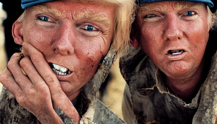 Prompt: far view, extremely skinny malnourished donald trump, wearing dirty overalls, dirty greasy face, grin, portrait, close up, kodak gold 2 0 0, 5 0 mm,