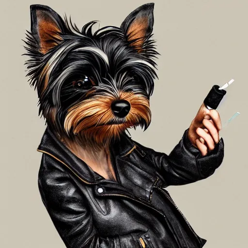 Prompt: an anthropomorphic yorkie dog wearing a black leather punk jacket smoking a cigarette in a hotel lobby, digital art