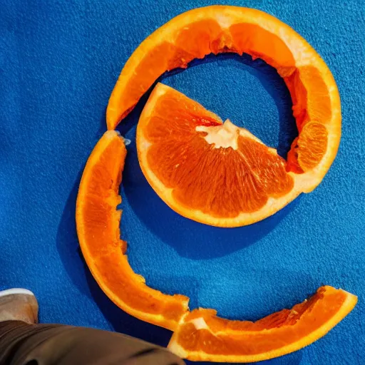 Image similar to A blue orange sliced in half laying on a blue floor in front of a blue wall